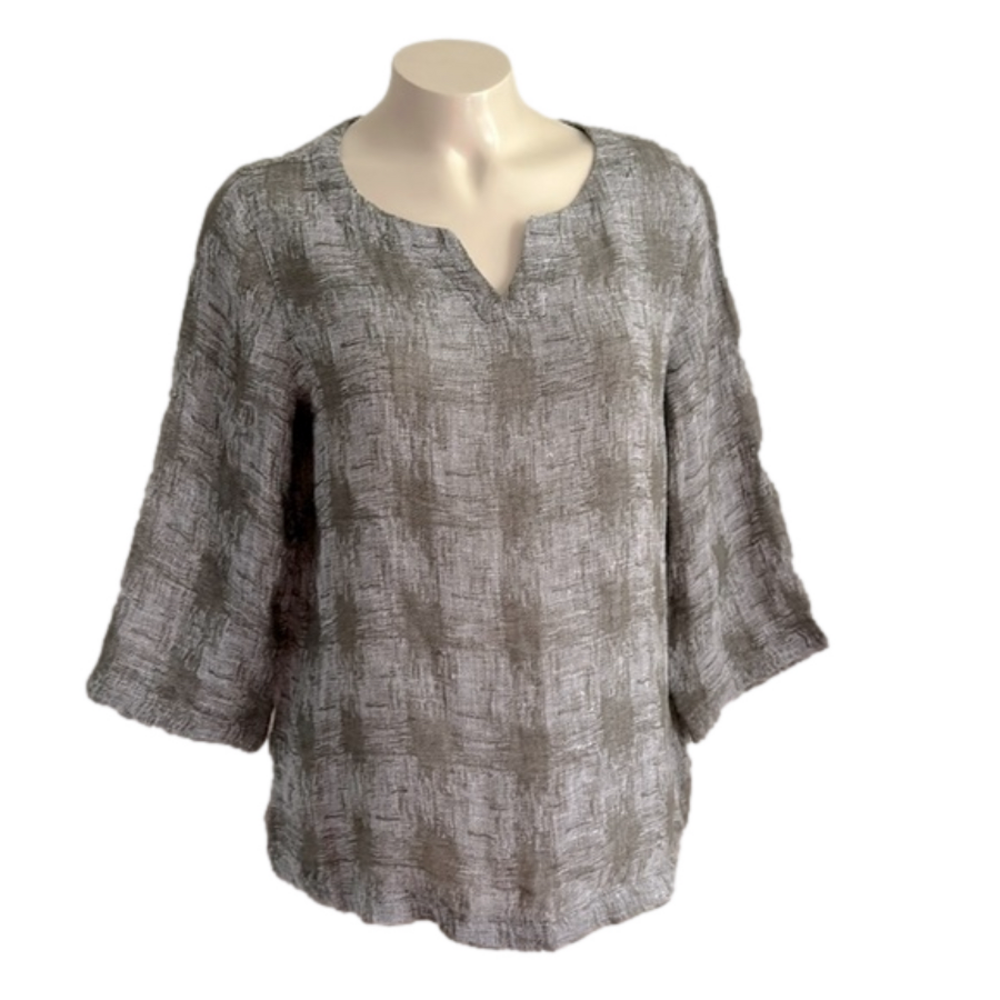 J.JILL PURE 100% linen texture green & grey   short sleeve top SMALL